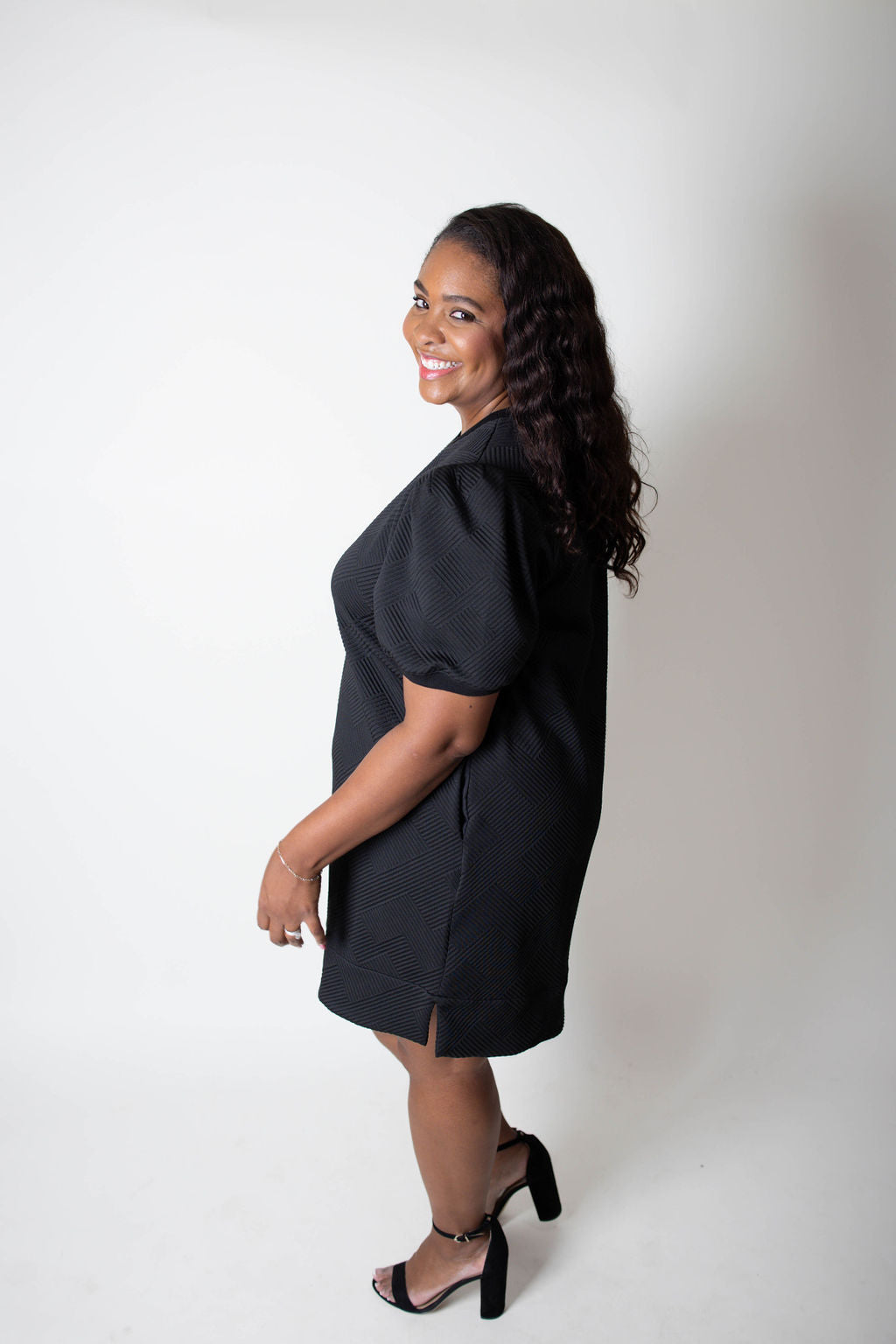 Black Crosshatch Dress with Pockets