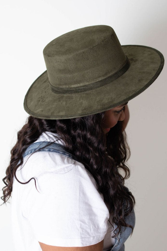 The Modern Cowgirl - Olive Green Flat Top Style Hat with Pencil Brim