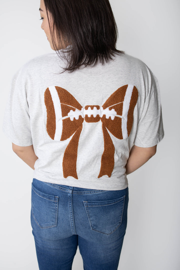 Football Bow Tee - Gray Football T-shirt with Embroidered Bow Shaped Footballs