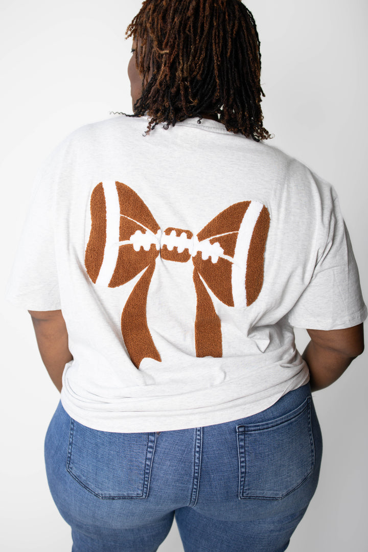 Football Bow Tee - Gray Football T-shirt with Embroidered Bow Shaped Footballs