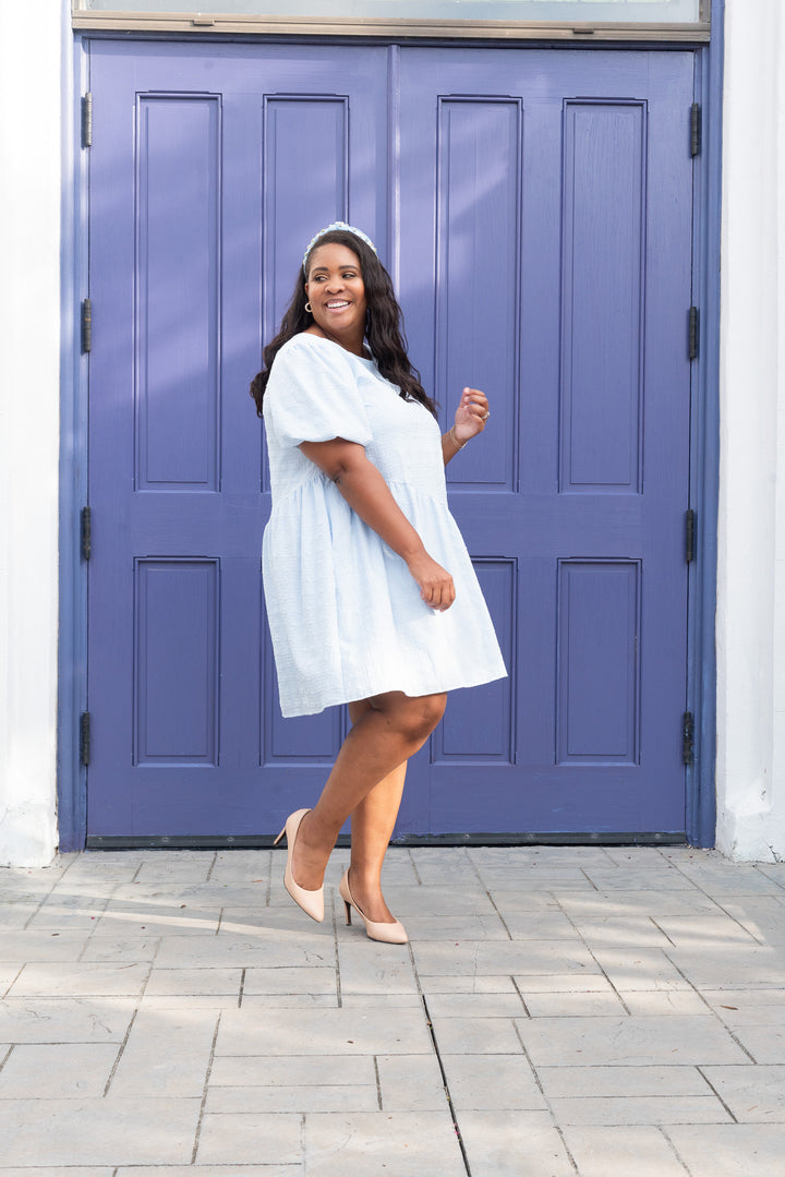 Summer Blues Asymmetric Seersucker Dress with Pockets