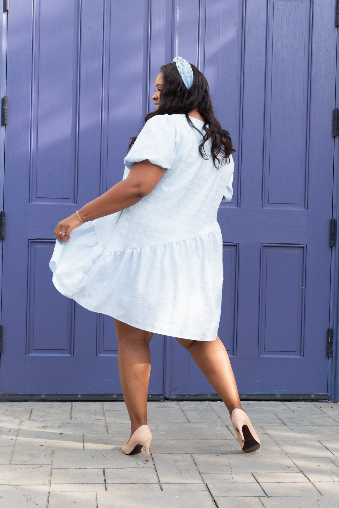 Summer Blues Asymmetric Seersucker Dress with Pockets