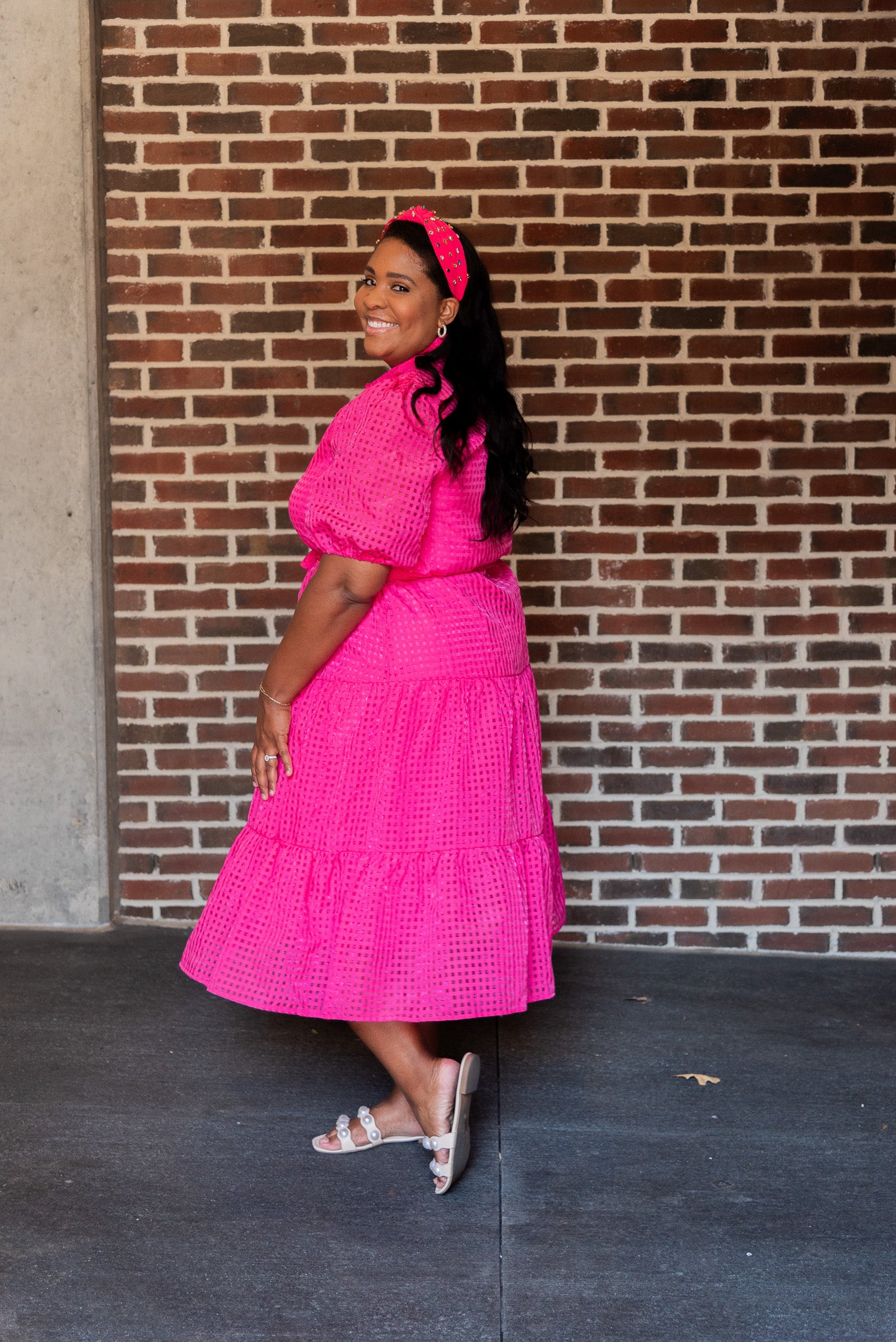 Pink Promenade Cross Hatched Tiered Dress with Pockets