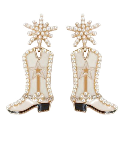 Nash Bash Bride Pearl Earrings - White Cowboy Boot Earrings