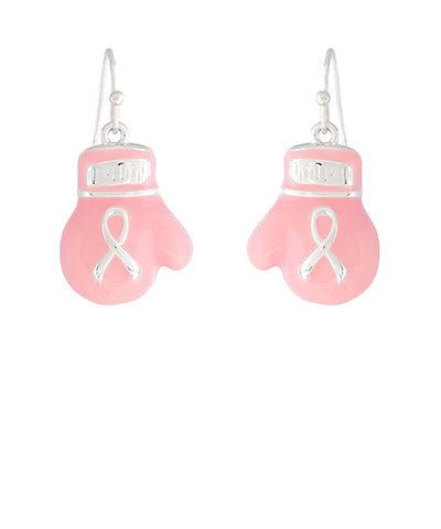 Pink Boxing Glove with Pink Ribbon Dangle Earrings - Breast Cancer Awareness
