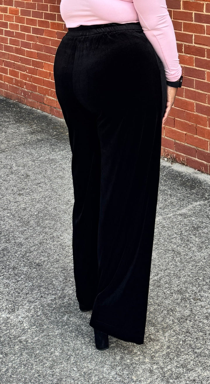 Velvet Wide Leg Dress Pants - Black