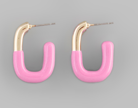 Baby Pink Dipped Oval Shaped Hoop Earrings with Gold Accents
