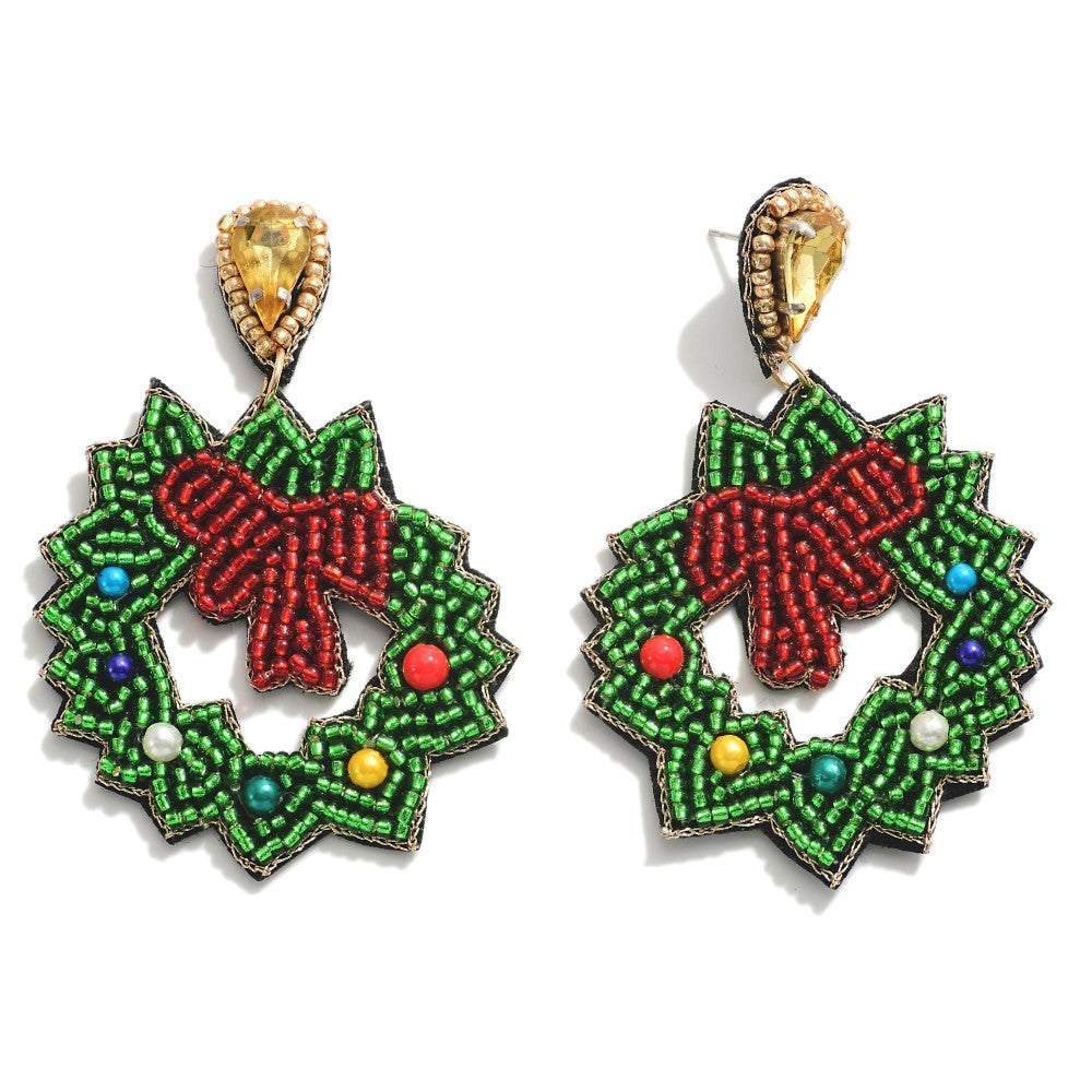 Wonderful Time Holiday Wreath Seed Beaded Earrings - Green Southern Throne Boutique