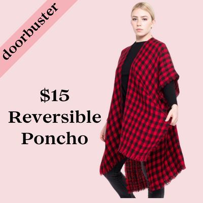 Reversible Buffalo Check Houndstooth Winter Kimono with Frayed Trim Doorbuster #2 Southern Throne Boutique