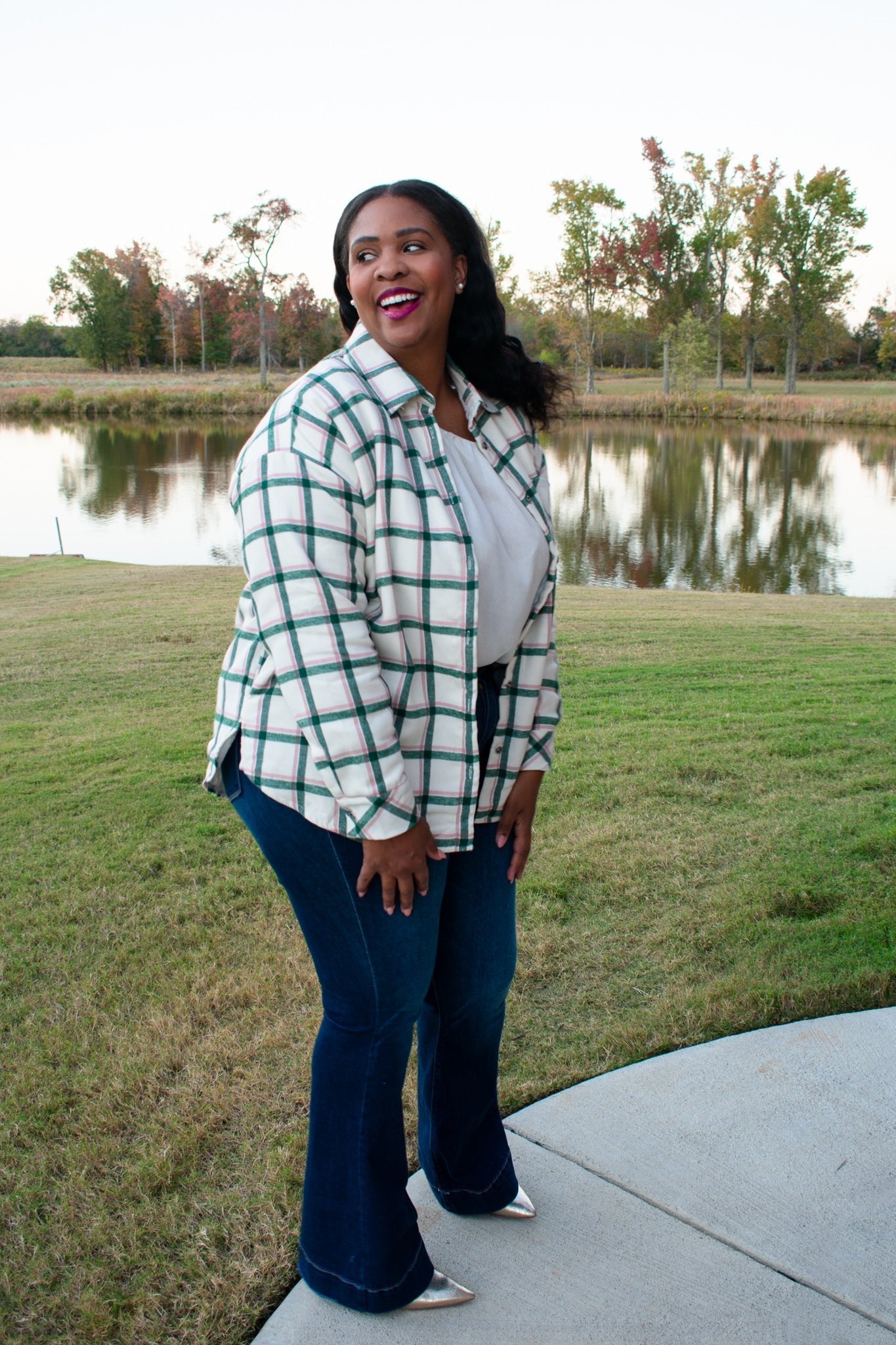 Pinking Green Plaid Faux Fur Lined Shacket  - Pink and Green Shacket Southern Throne Boutique